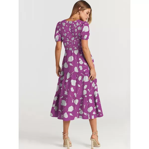 imageANRABESS Womens Summer Puff Short Sleeve V Neck Smocked Tiered Swing A Line Beach Midi Dress with PocketsPrint Purple