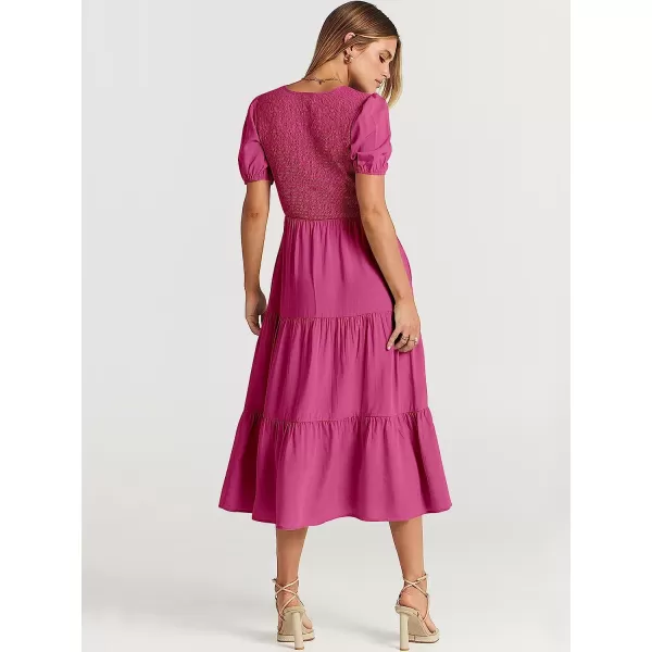 imageANRABESS Womens Summer Puff Short Sleeve V Neck Smocked Tiered Swing A Line Beach Midi Dress with PocketsRose