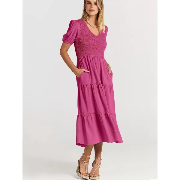 imageANRABESS Womens Summer Puff Short Sleeve V Neck Smocked Tiered Swing A Line Beach Midi Dress with PocketsRose