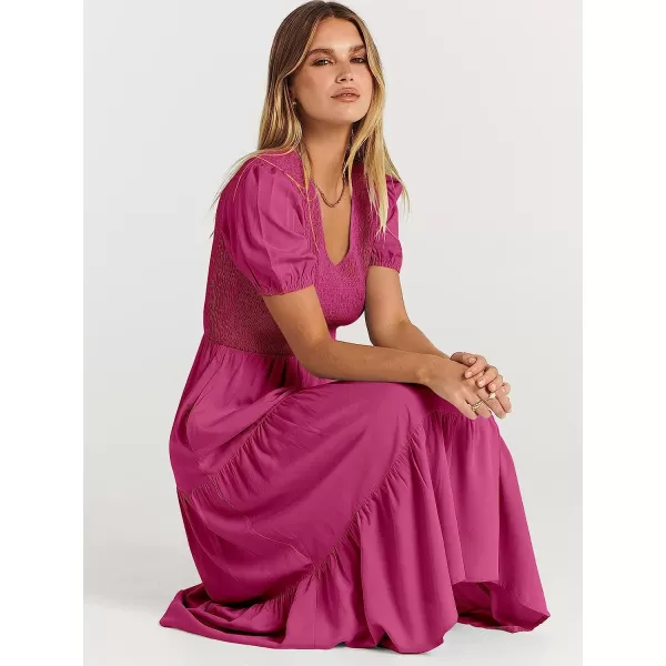 imageANRABESS Womens Summer Puff Short Sleeve V Neck Smocked Tiered Swing A Line Beach Midi Dress with PocketsRose