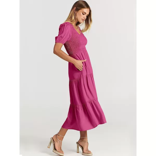 imageANRABESS Womens Summer Puff Short Sleeve V Neck Smocked Tiered Swing A Line Beach Midi Dress with PocketsRose