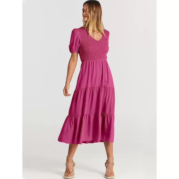 imageANRABESS Womens Summer Puff Short Sleeve V Neck Smocked Tiered Swing A Line Beach Midi Dress with PocketsRose