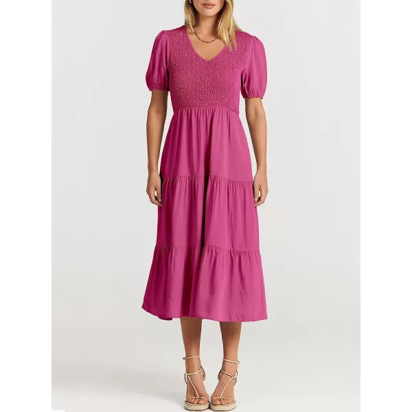 imageANRABESS Womens Summer Puff Short Sleeve V Neck Smocked Tiered Swing A Line Beach Midi Dress with PocketsRose