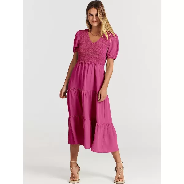 imageANRABESS Womens Summer Puff Short Sleeve V Neck Smocked Tiered Swing A Line Beach Midi Dress with PocketsRose