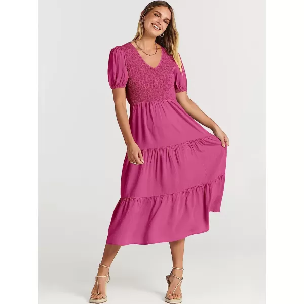 imageANRABESS Womens Summer Puff Short Sleeve V Neck Smocked Tiered Swing A Line Beach Midi Dress with PocketsRose