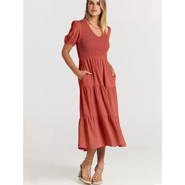 imageANRABESS Womens Summer Puff Short Sleeve V Neck Smocked Tiered Swing A Line Beach Midi Dress with PocketsRust