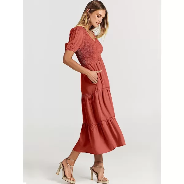 imageANRABESS Womens Summer Puff Short Sleeve V Neck Smocked Tiered Swing A Line Beach Midi Dress with PocketsRust