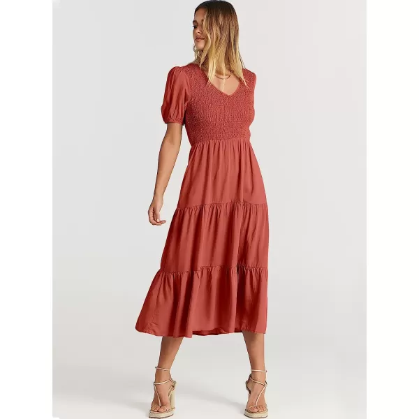 imageANRABESS Womens Summer Puff Short Sleeve V Neck Smocked Tiered Swing A Line Beach Midi Dress with PocketsRust