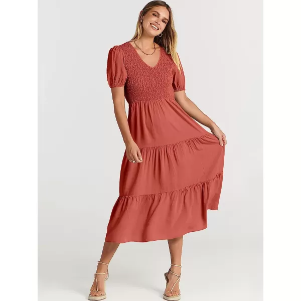 imageANRABESS Womens Summer Puff Short Sleeve V Neck Smocked Tiered Swing A Line Beach Midi Dress with PocketsRust