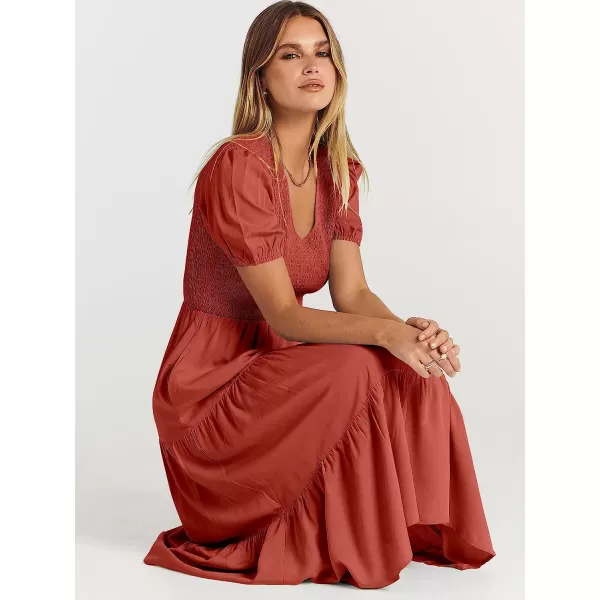 imageANRABESS Womens Summer Puff Short Sleeve V Neck Smocked Tiered Swing A Line Beach Midi Dress with PocketsRust