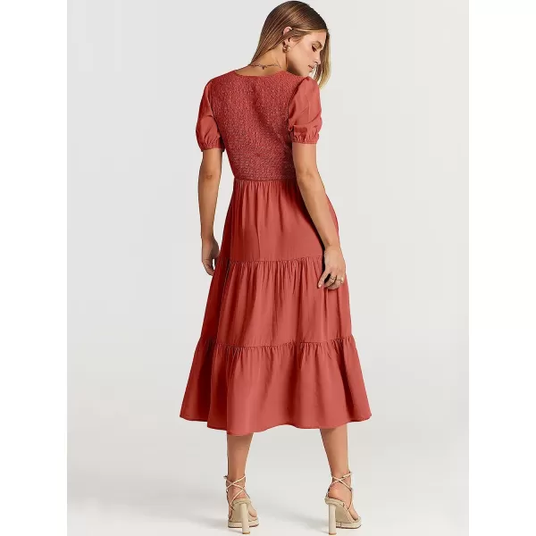 imageANRABESS Womens Summer Puff Short Sleeve V Neck Smocked Tiered Swing A Line Beach Midi Dress with PocketsRust