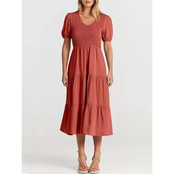 imageANRABESS Womens Summer Puff Short Sleeve V Neck Smocked Tiered Swing A Line Beach Midi Dress with PocketsRust