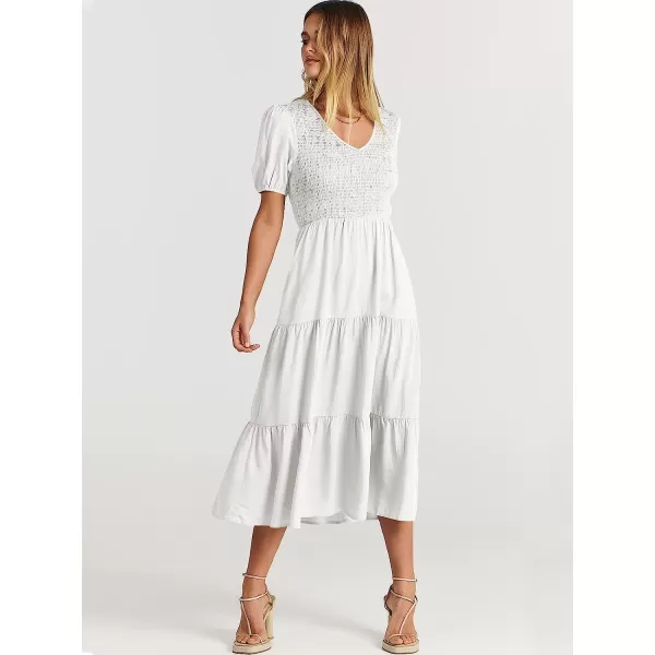 imageANRABESS Womens Summer Puff Short Sleeve V Neck Smocked Tiered Swing A Line Beach Midi Dress with PocketsWhite