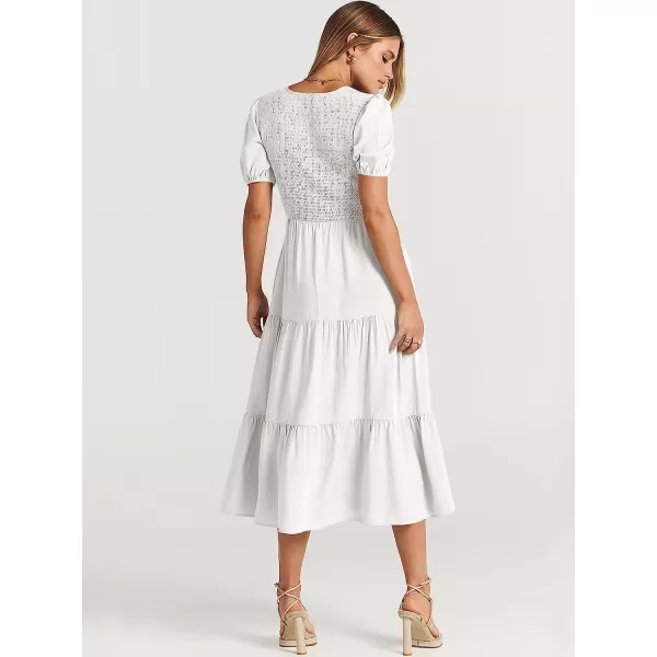 imageANRABESS Womens Summer Puff Short Sleeve V Neck Smocked Tiered Swing A Line Beach Midi Dress with PocketsWhite