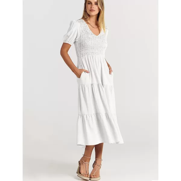 imageANRABESS Womens Summer Puff Short Sleeve V Neck Smocked Tiered Swing A Line Beach Midi Dress with PocketsWhite