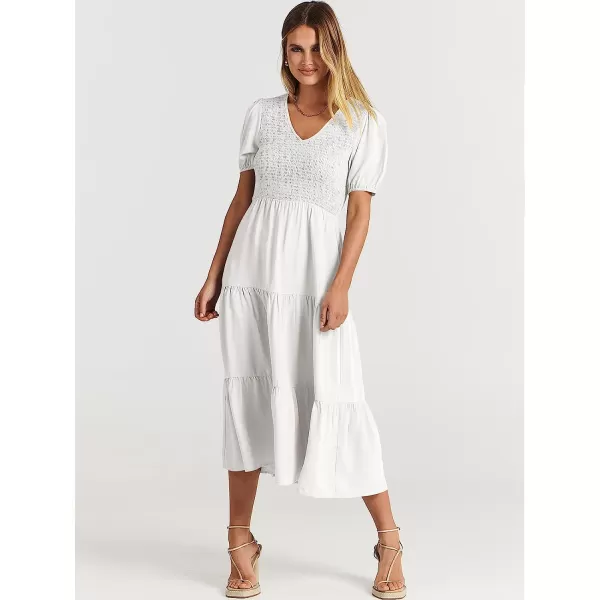 imageANRABESS Womens Summer Puff Short Sleeve V Neck Smocked Tiered Swing A Line Beach Midi Dress with PocketsWhite