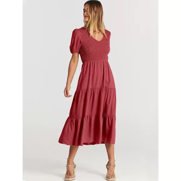 imageANRABESS Womens Summer Puff Short Sleeve V Neck Smocked Tiered Swing A Line Beach Midi Dress with PocketsWine Red
