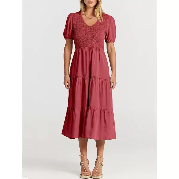 imageANRABESS Womens Summer Puff Short Sleeve V Neck Smocked Tiered Swing A Line Beach Midi Dress with PocketsWine Red