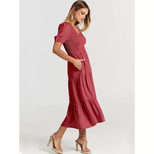 imageANRABESS Womens Summer Puff Short Sleeve V Neck Smocked Tiered Swing A Line Beach Midi Dress with PocketsWine Red