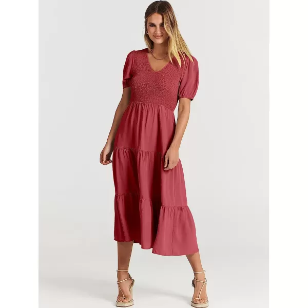 imageANRABESS Womens Summer Puff Short Sleeve V Neck Smocked Tiered Swing A Line Beach Midi Dress with PocketsWine Red