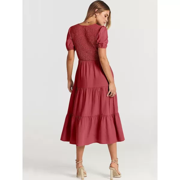 imageANRABESS Womens Summer Puff Short Sleeve V Neck Smocked Tiered Swing A Line Beach Midi Dress with PocketsWine Red