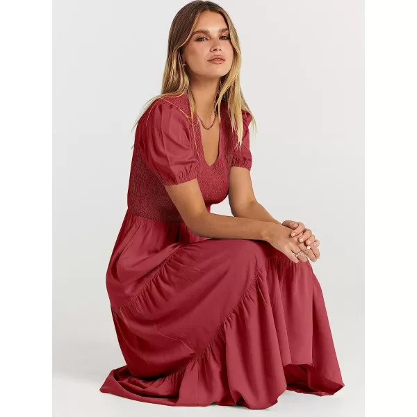 imageANRABESS Womens Summer Puff Short Sleeve V Neck Smocked Tiered Swing A Line Beach Midi Dress with PocketsWine Red