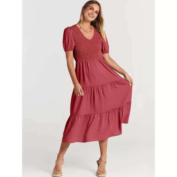 imageANRABESS Womens Summer Puff Short Sleeve V Neck Smocked Tiered Swing A Line Beach Midi Dress with PocketsWine Red