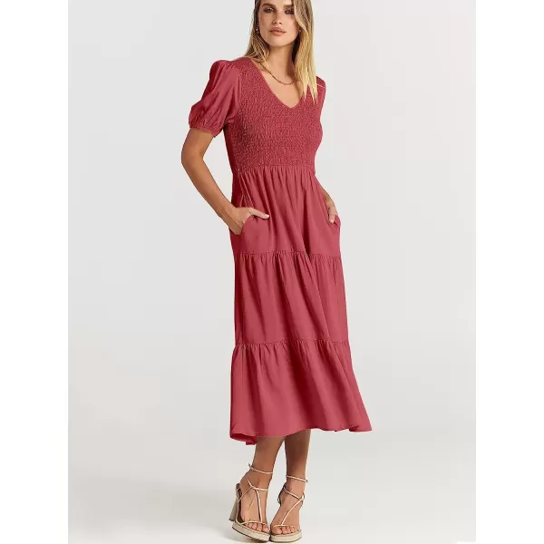 imageANRABESS Womens Summer Puff Short Sleeve V Neck Smocked Tiered Swing A Line Beach Midi Dress with PocketsWine Red