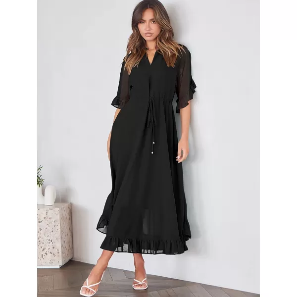 imageANRABESS Womens Summer Ruffle Maxi Dress Floral Print 34 Bell Sleeve V Neck High Waist Flowy Boho Long DressBlack