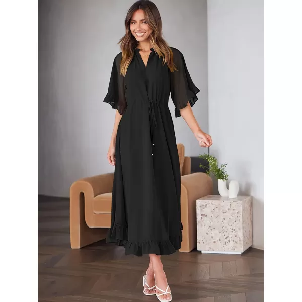 imageANRABESS Womens Summer Ruffle Maxi Dress Floral Print 34 Bell Sleeve V Neck High Waist Flowy Boho Long DressBlack