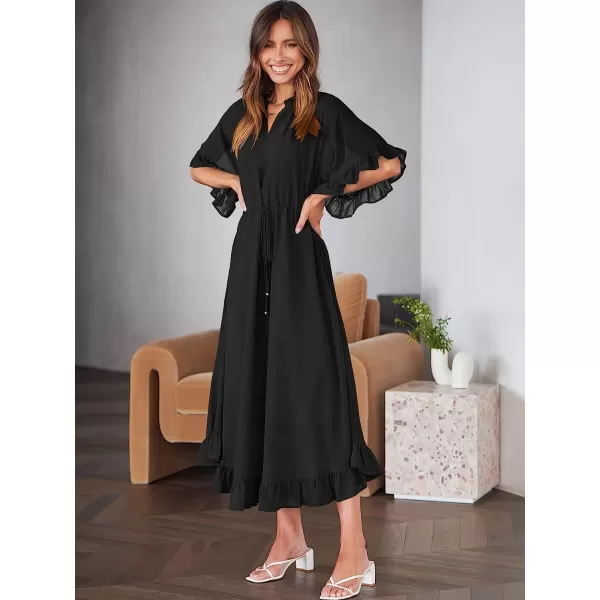 imageANRABESS Womens Summer Ruffle Maxi Dress Floral Print 34 Bell Sleeve V Neck High Waist Flowy Boho Long DressBlack