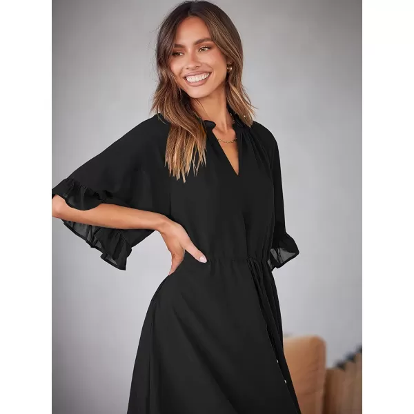 imageANRABESS Womens Summer Ruffle Maxi Dress Floral Print 34 Bell Sleeve V Neck High Waist Flowy Boho Long DressBlack