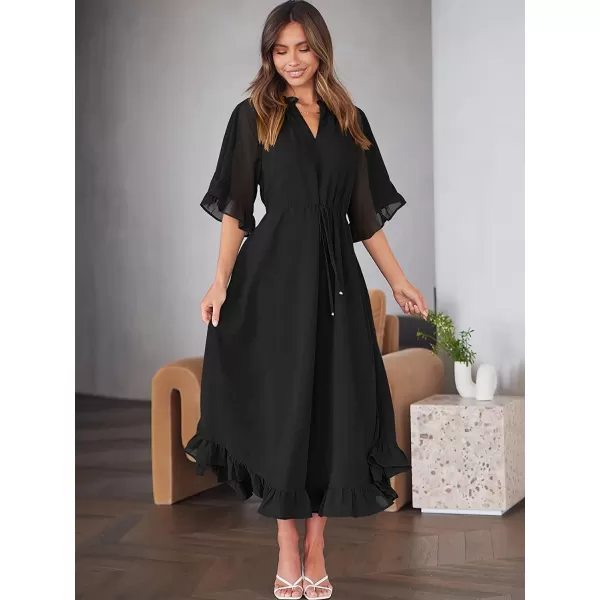 imageANRABESS Womens Summer Ruffle Maxi Dress Floral Print 34 Bell Sleeve V Neck High Waist Flowy Boho Long DressBlack