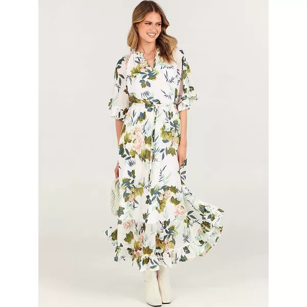 imageANRABESS Womens Summer Ruffle Maxi Dress Floral Print 34 Bell Sleeve V Neck High Waist Flowy Boho Long DressFlora 12