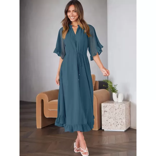 imageANRABESS Womens Summer Ruffle Maxi Dress Floral Print 34 Bell Sleeve V Neck High Waist Flowy Boho Long DressNavy Blue