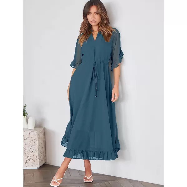 imageANRABESS Womens Summer Ruffle Maxi Dress Floral Print 34 Bell Sleeve V Neck High Waist Flowy Boho Long DressNavy Blue