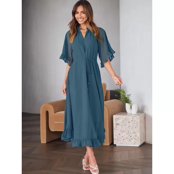 imageANRABESS Womens Summer Ruffle Maxi Dress Floral Print 34 Bell Sleeve V Neck High Waist Flowy Boho Long DressNavy Blue