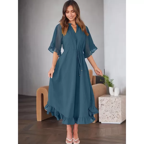 imageANRABESS Womens Summer Ruffle Maxi Dress Floral Print 34 Bell Sleeve V Neck High Waist Flowy Boho Long DressNavy Blue
