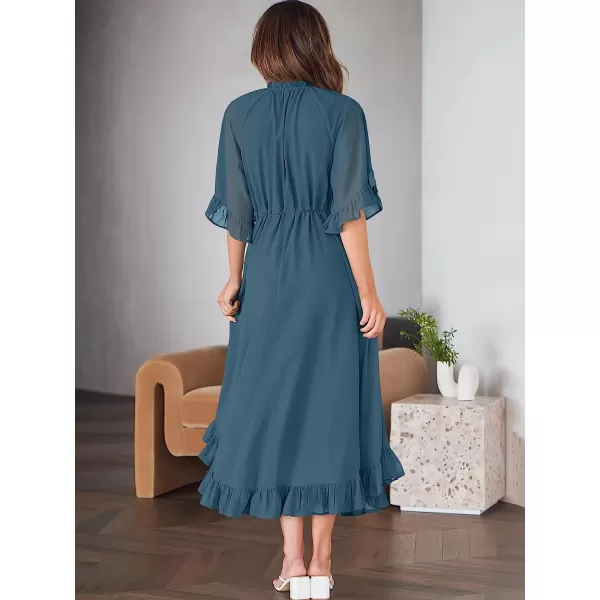 imageANRABESS Womens Summer Ruffle Maxi Dress Floral Print 34 Bell Sleeve V Neck High Waist Flowy Boho Long DressNavy Blue