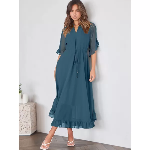 imageANRABESS Womens Summer Ruffle Maxi Dress Floral Print 34 Bell Sleeve V Neck High Waist Flowy Boho Long DressNavy Blue