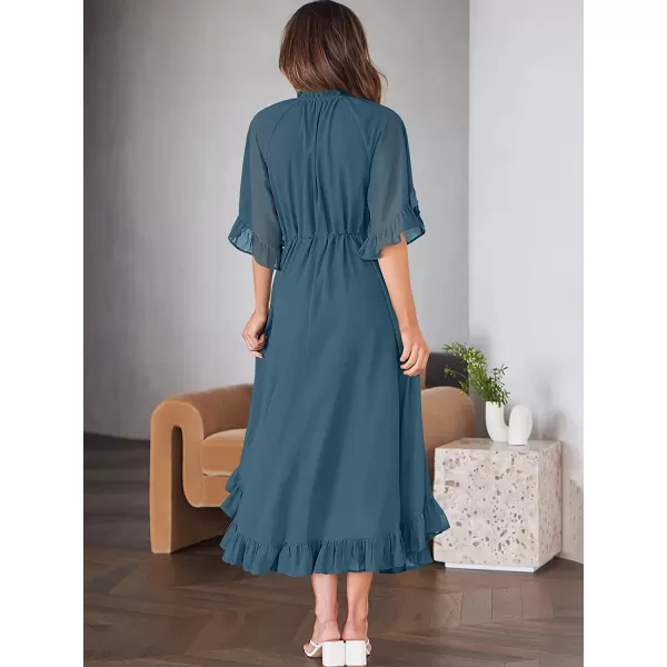 imageANRABESS Womens Summer Ruffle Maxi Dress Floral Print 34 Bell Sleeve V Neck High Waist Flowy Boho Long DressNavy Blue