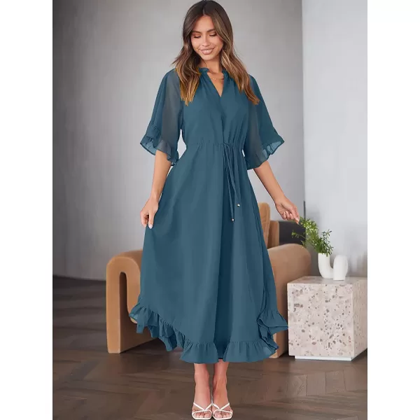 imageANRABESS Womens Summer Ruffle Maxi Dress Floral Print 34 Bell Sleeve V Neck High Waist Flowy Boho Long DressNavy Blue