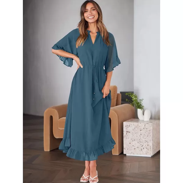 imageANRABESS Womens Summer Ruffle Maxi Dress Floral Print 34 Bell Sleeve V Neck High Waist Flowy Boho Long DressNavy Blue