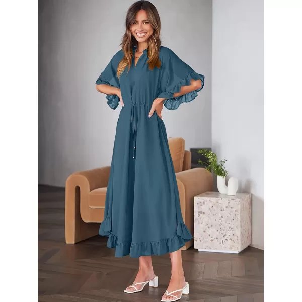imageANRABESS Womens Summer Ruffle Maxi Dress Floral Print 34 Bell Sleeve V Neck High Waist Flowy Boho Long DressNavy Blue