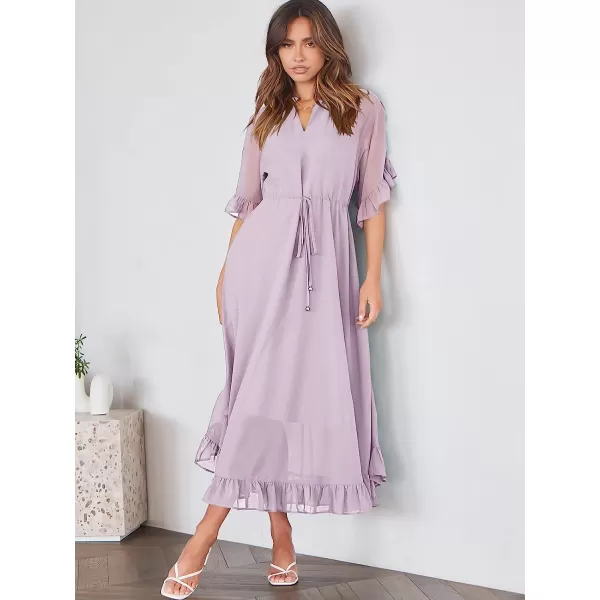 imageANRABESS Womens Summer Ruffle Maxi Dress Floral Print 34 Bell Sleeve V Neck High Waist Flowy Boho Long DressPurple