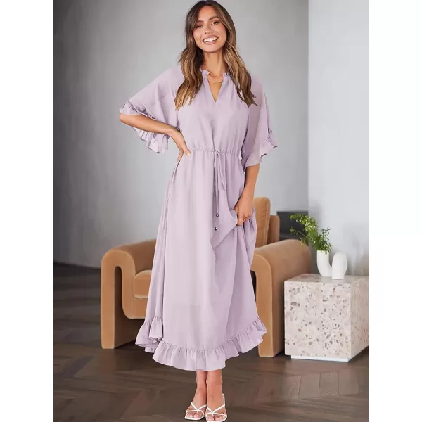 imageANRABESS Womens Summer Ruffle Maxi Dress Floral Print 34 Bell Sleeve V Neck High Waist Flowy Boho Long DressPurple