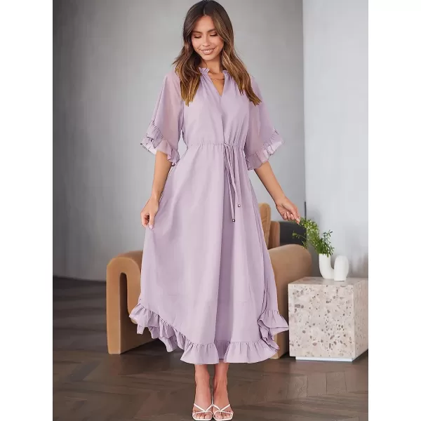 imageANRABESS Womens Summer Ruffle Maxi Dress Floral Print 34 Bell Sleeve V Neck High Waist Flowy Boho Long DressPurple