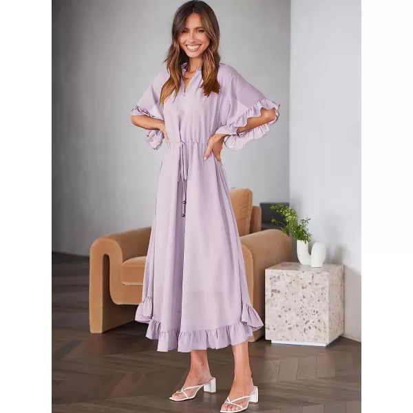 imageANRABESS Womens Summer Ruffle Maxi Dress Floral Print 34 Bell Sleeve V Neck High Waist Flowy Boho Long DressPurple