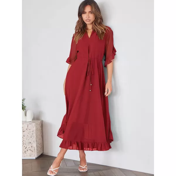 imageANRABESS Womens Summer Ruffle Maxi Dress Floral Print 34 Bell Sleeve V Neck High Waist Flowy Boho Long DressRed