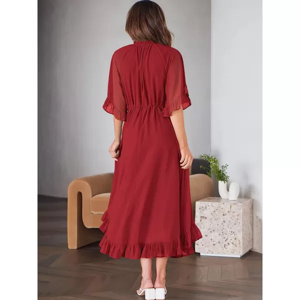 imageANRABESS Womens Summer Ruffle Maxi Dress Floral Print 34 Bell Sleeve V Neck High Waist Flowy Boho Long DressRed
